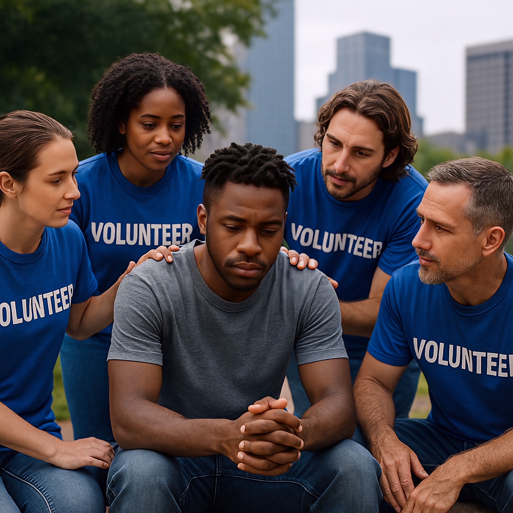 Volunteers comforting a participant and showing support